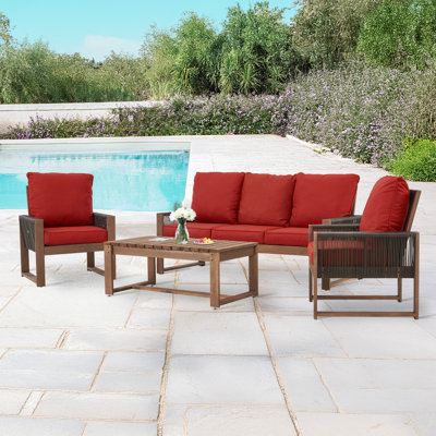 4-Piece Cedar Patio Set With PE Rope & Cushions - All-Weather Outdoor Conversation Group