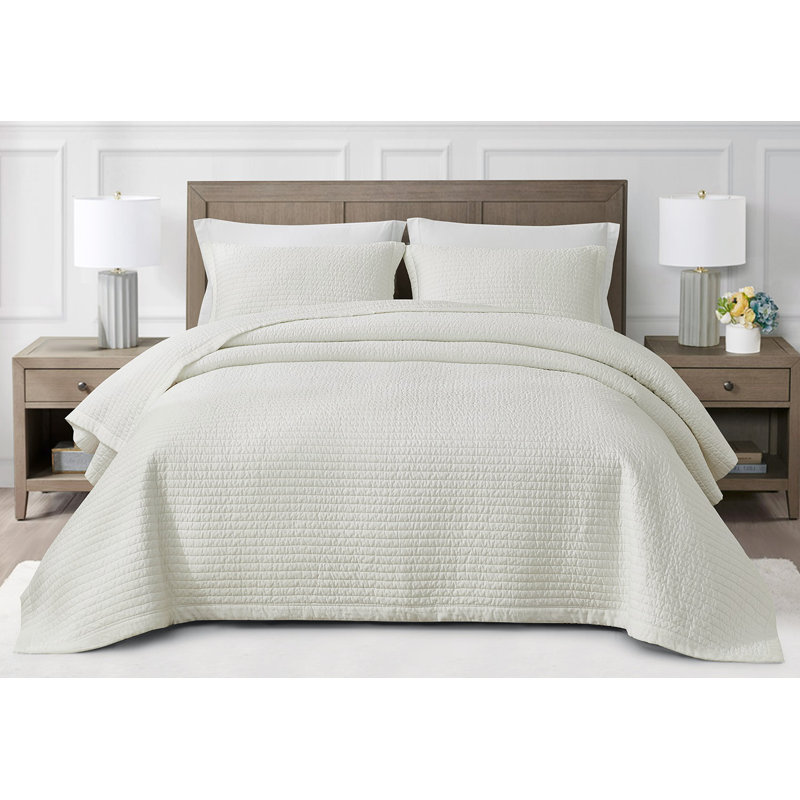 Silky Cooling Eucalyptus Tencel Lyocell Pick Stitch Quilt Set, King Quilt + 2 King Shams, White Dove
