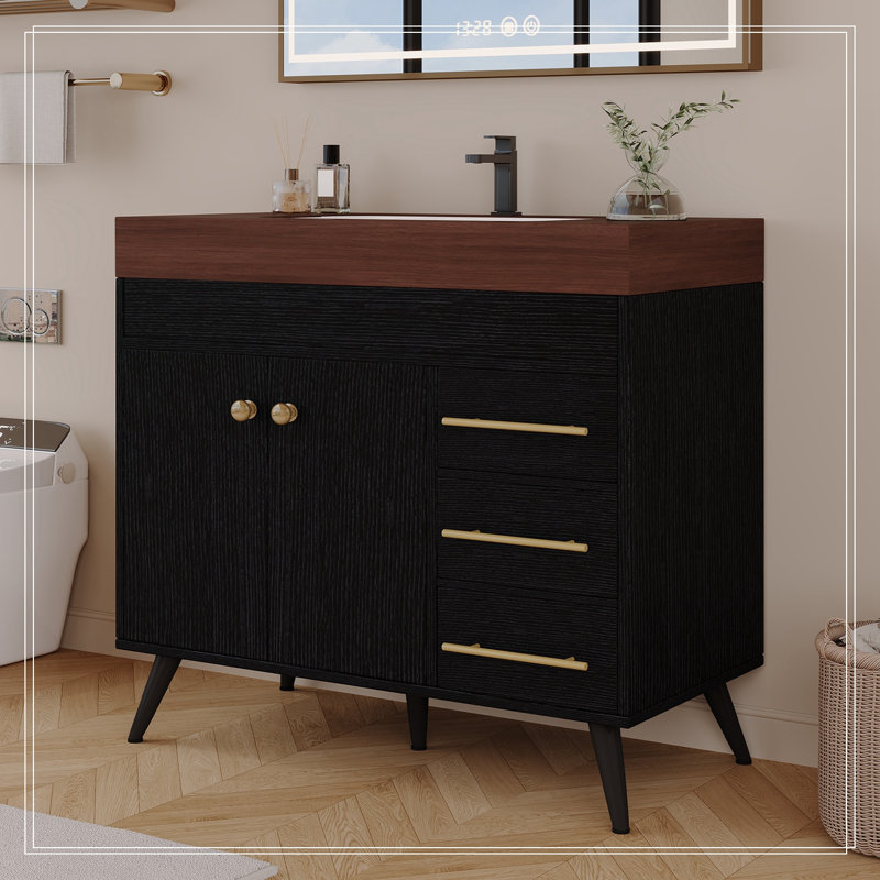 Meuble-lavabo avec lavabo, 2 portes et 3 tiroirs, Brun