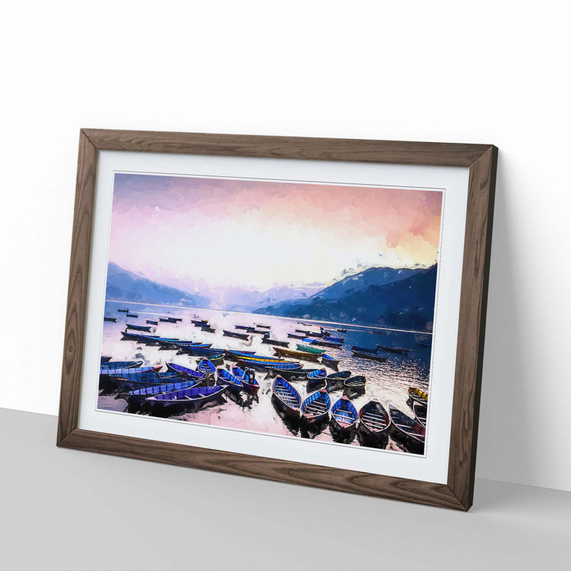 Boats on Phewa Tal Lake in Nepal in Abstract - Picture Frame Painting Print, 36cm H x 48cm W x 2cm D, Walnut Framed
