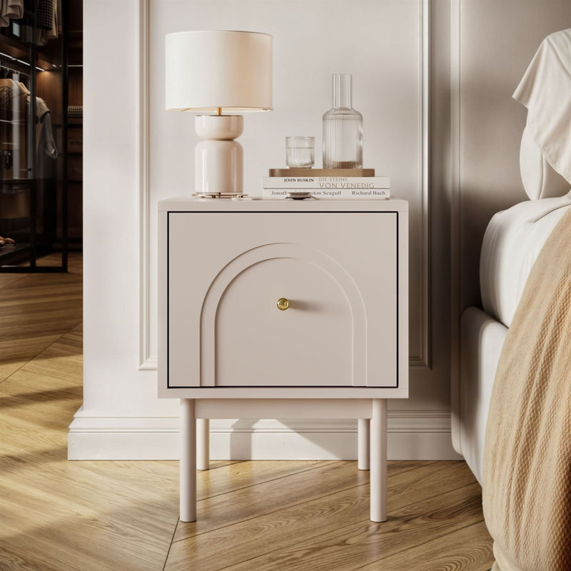 Bedside table LIBERTY nightstand with gold handle, Cashmere