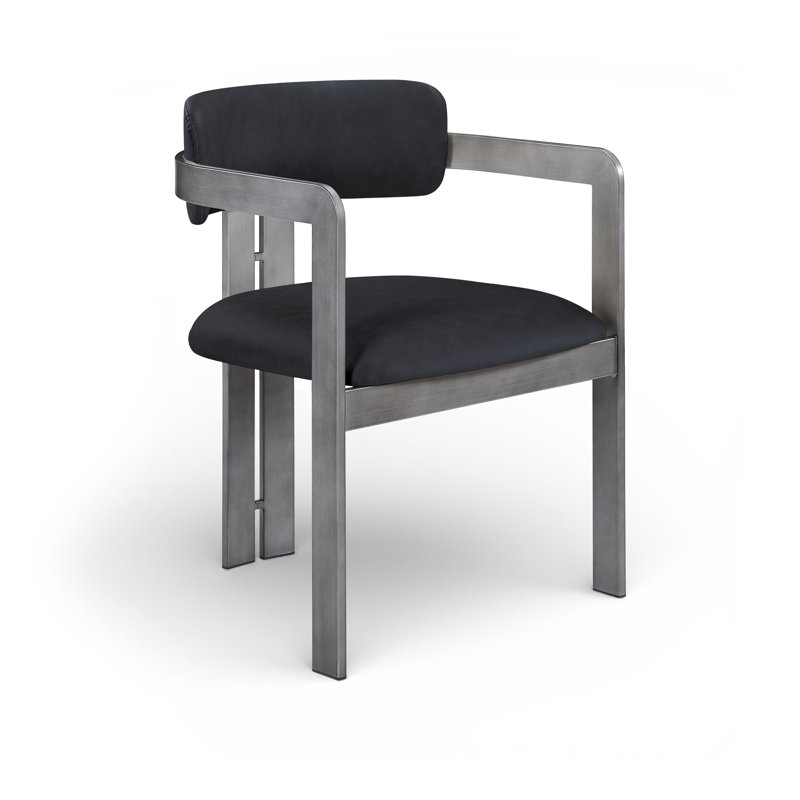 Chaise rembourrée en cuir Aurum, Cuir végétalien noir, Argent brossé