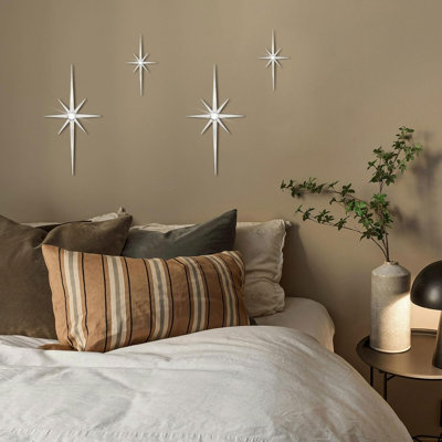 Set of 4 Silver Bling Starburst 3D Metal Wall Sculpture, 2 Sizes Hanging Wall Decor
