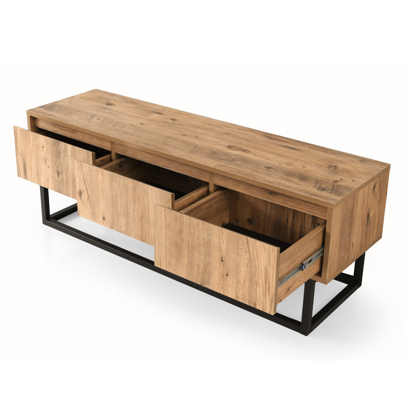 Industrial TV Stand with 3 Drawers, Black & Pine, 55.1 x 19.7 x 15.7 inches | 100% Melamine Coated Particle Board, Metal Legs, Wall-Mountable | Stylish & Functional Design for Living Room & Entertainment Spaces