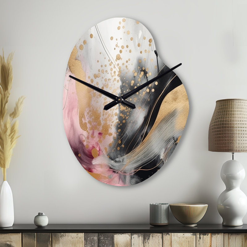 Horloge murale en métal rose avec texture or rose et éclaboussures de marbre III, Grand