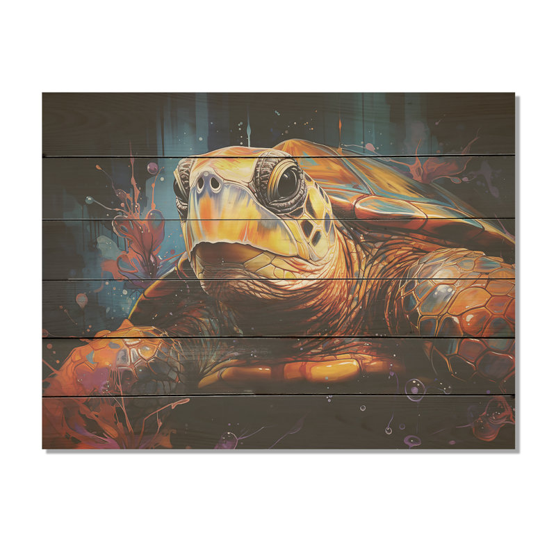 Pop Art Portrayal Of A Turtle - Turtle Wood Panel Wall Art On Natural Pine Wood, 10" H x 20" W