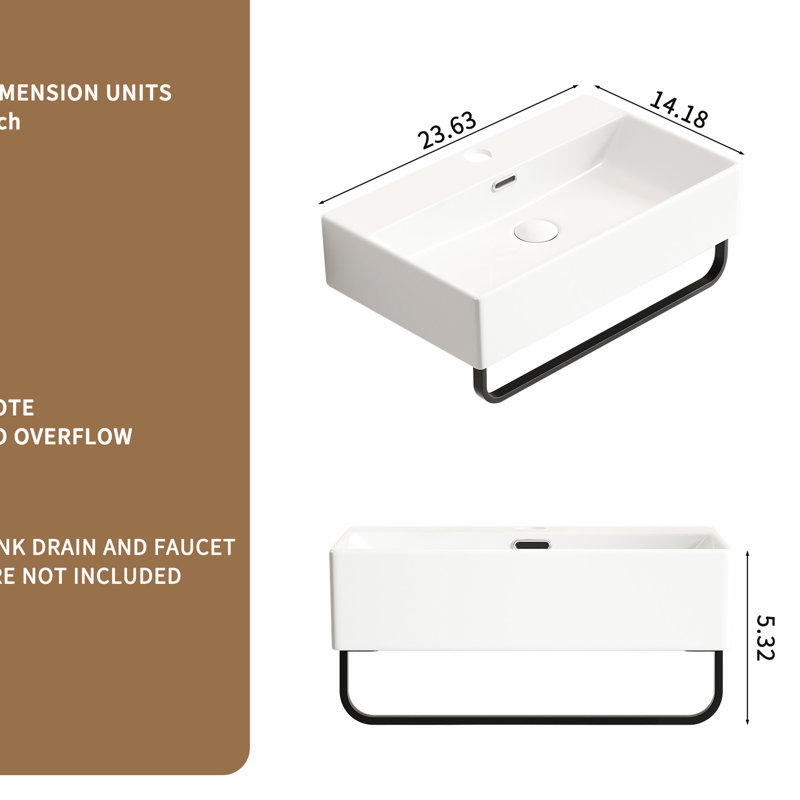 Lavabo vasque blanc pour salle de bain, fixation murale, finition polie lisse, glacis non poreux brillant, ouverture de drain standard