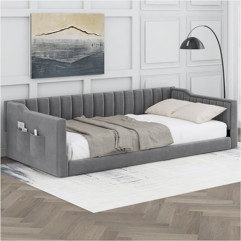 Upholstery Daybed and Side Storage pocket, Gray, Twin