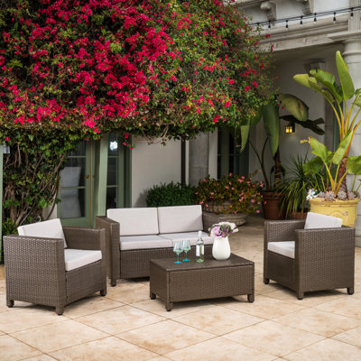 Méridienne d'extérieur 4 pièces pour l'extérieur - brun, tissu imperméable et coussins Jolly