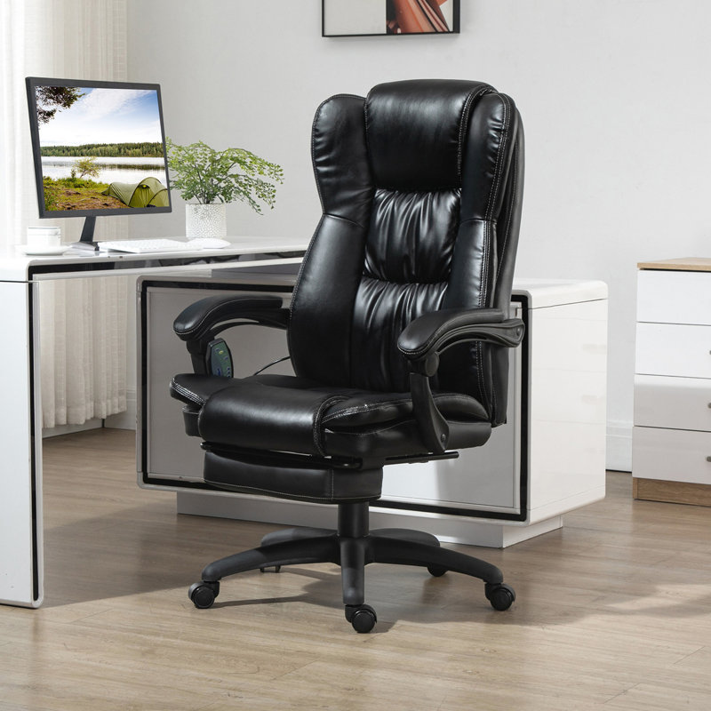 6 fauteuils de bureau massants, 5 réglages, cuir PU, inclinaison réglable et repose-pieds, cuir noir confortable avec masseur à vibrations, modes, inclinaison, hauteur, rotation à 360 °, rétractable