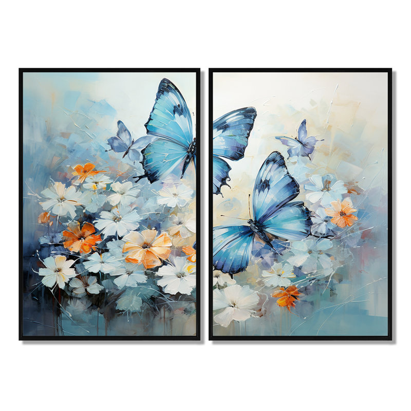 «Blue White Butterfly Symphony», ensemble d'art mural bleu, H 36 po x l 48 po, Reproduction encadrée sans passe-partout, Noir