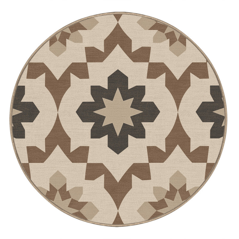 Soft Plush Eakes Global Inspired Moroccan Area Rug in Beige – Beige Binding, 7' Round