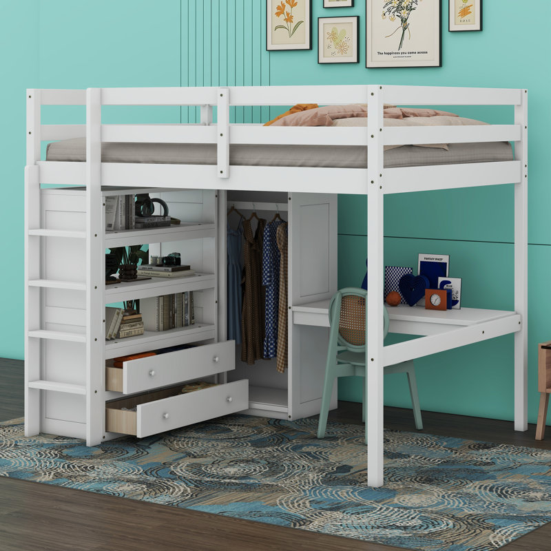  Lit mezzanine double Hriska avec bureau, garde-robe, tablettes et tiroirs, Blanc