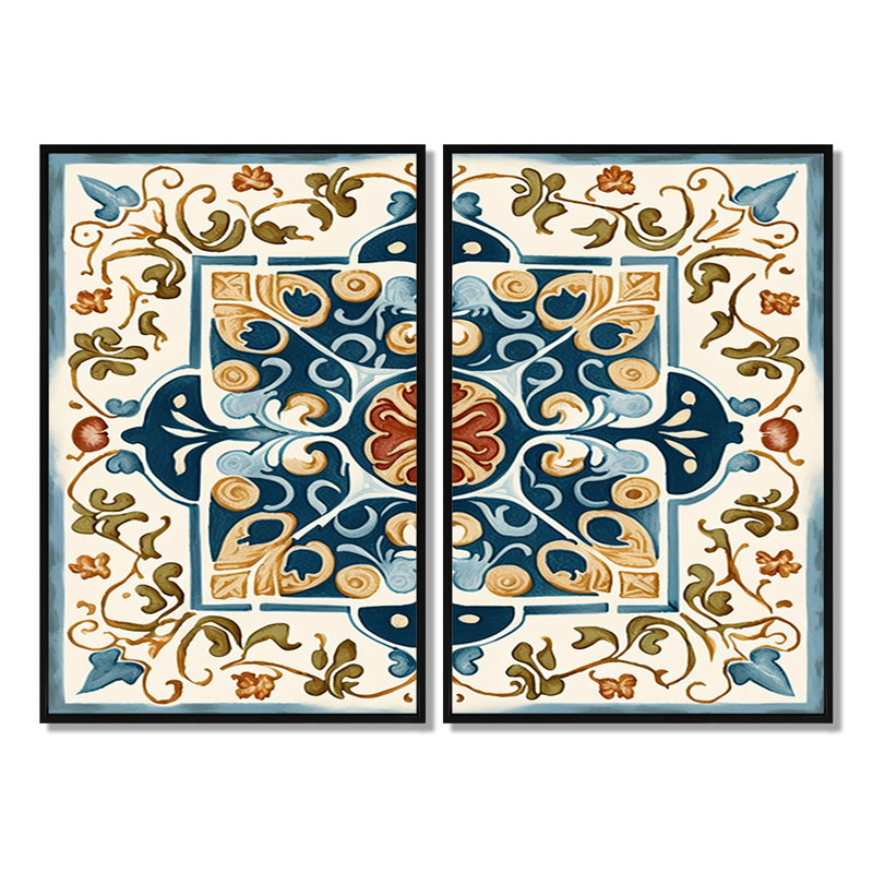 Mediterranean Tiles In Retro Blue VIII - Abstract Tile Canvas Wall Art, Black, 36" H x 48" W, Floater Framed Print