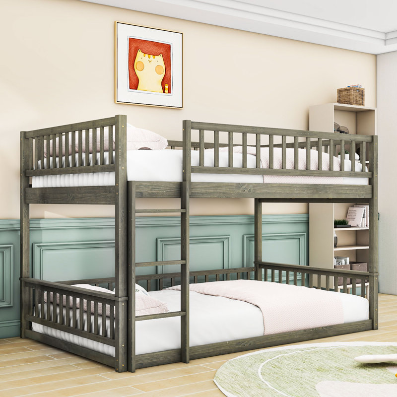 Wood Queen Over Queen Bunk Bed With Ladder And Guardrails, Splitable Into 2 Beds, Gray