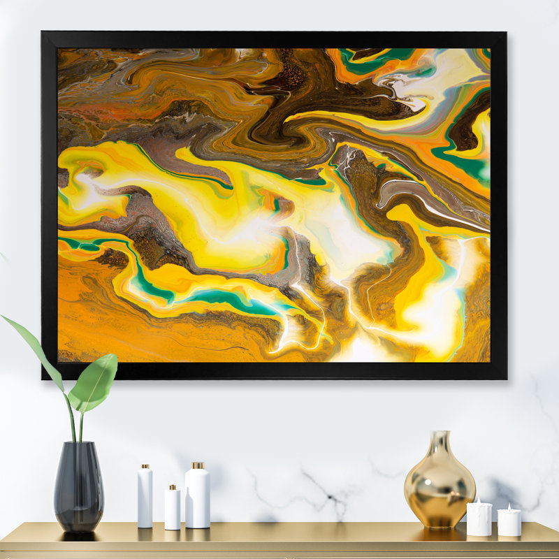 Kaki vif et marbre jaune - peinture sur toile, H 24 po x l 32 po, Cadre noir