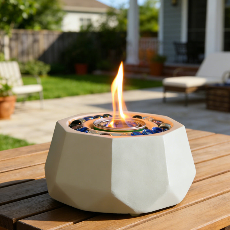 Brasero de table aspect béton avec billes de verre et couvercle en acier inoxydable
