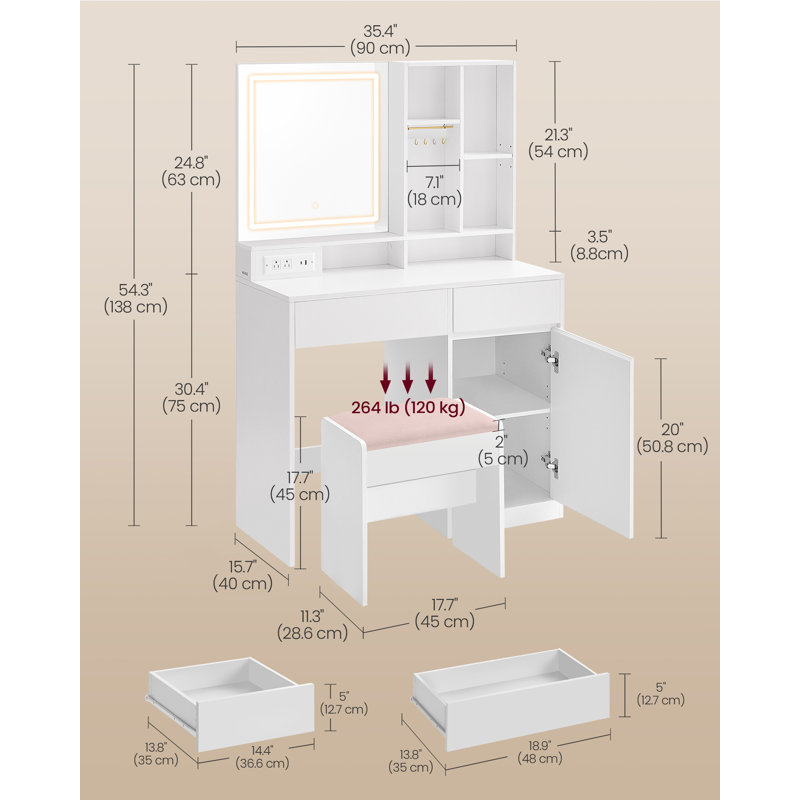 Chelly Vanity Desk With Mirror And Lights,  charging, 35"