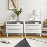 Aviannah Midcentury Modern 2 - Drawer Nightstand with Built-In Charging Station and Rubber Wood Legs and Open Shelf (Set of 2)