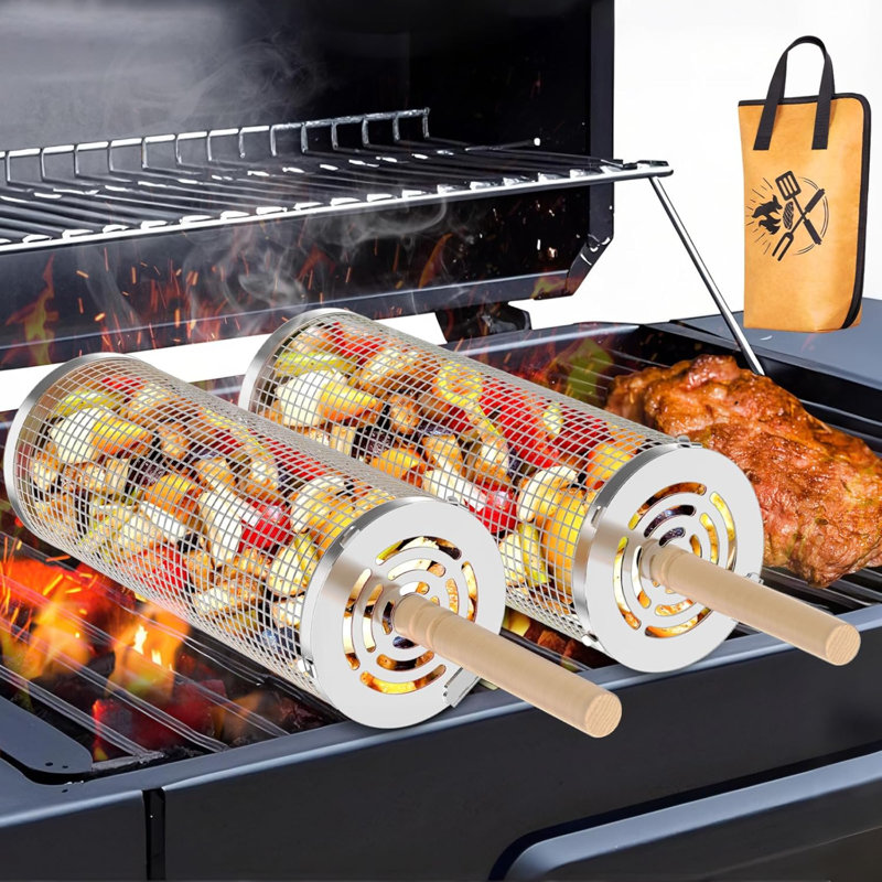 2 paniers de barbecue à roulettes pour les légumes de gril d'extérieur, couverture de barbecue pour la viande de repos, poignée en bois amovible en acier inoxydable 304, cadeaux pour accessoires pour hommes, mari, papa