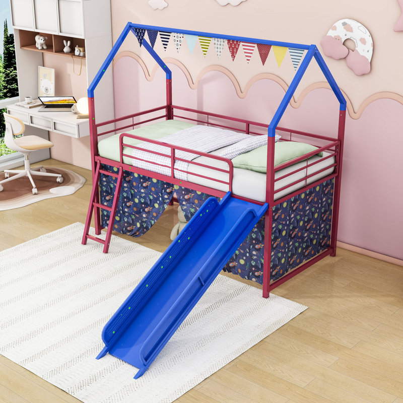 Twin Metal House Loft Bed With Slide And Playful Accessories, Red/Blue