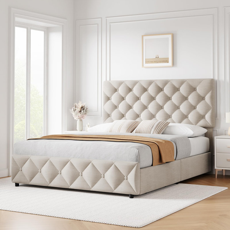 Structure de lit avec tête de lit réglable et 4 tiroirs de rangement, structure de lit tapissier en lin, Beige, Double
