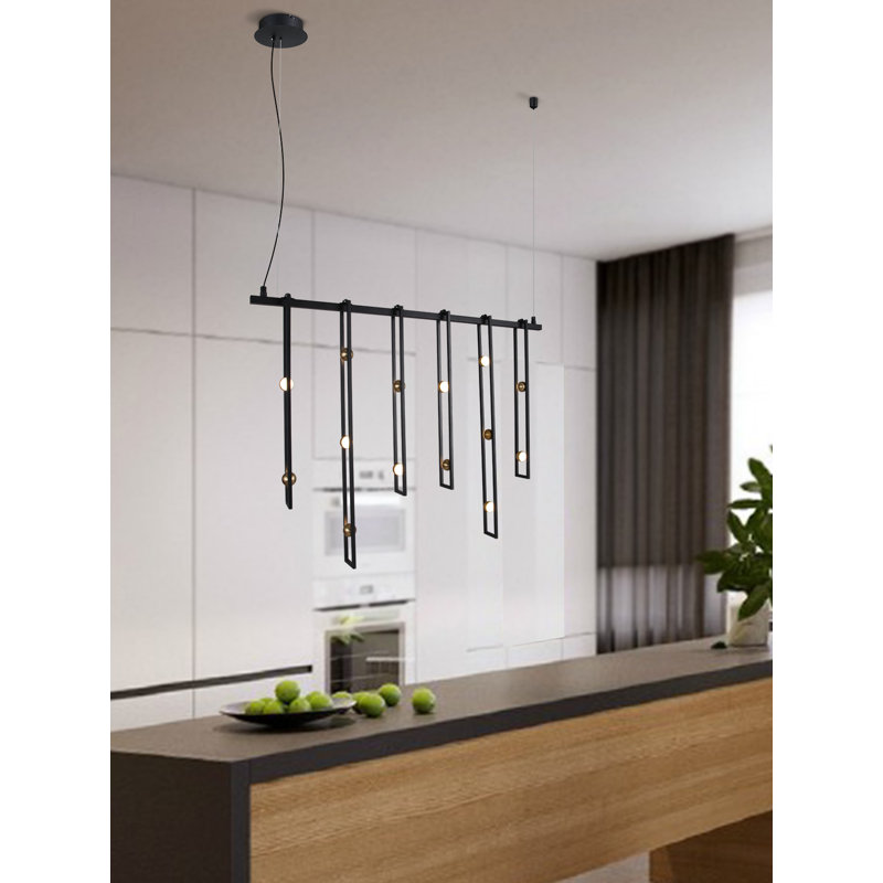 Lustre ajustable industriel moderne à cadre mince noir avec globes DEL en laiton, 15 W, 3000 K