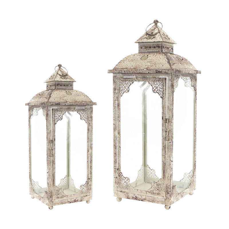 Set Of Two Beige Flameless Floor Lantern Candle Holder