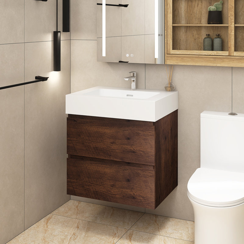 Meuble-lavabo simple 24 po avec plateau Kansiray, Blanc, Noyer