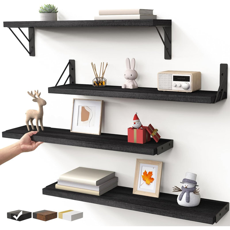 Étagères murales flottantes de 57 cm (noir, ensemble de 4, 57 cm) - Étagère murale rustique en bois, indispensable pour la chambre et la décoration, rangement et rangement optimisant l'espace, étagère suspendue pour salle de bain ou salon