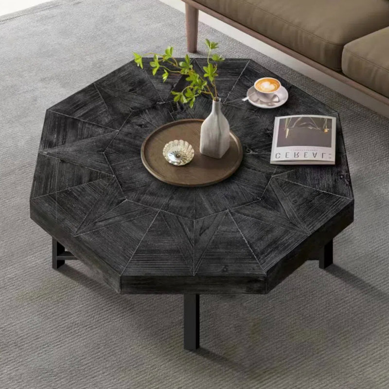 Table basse octogonale en bois avec patchwork de style campagnard 30 pouces, Noir antique