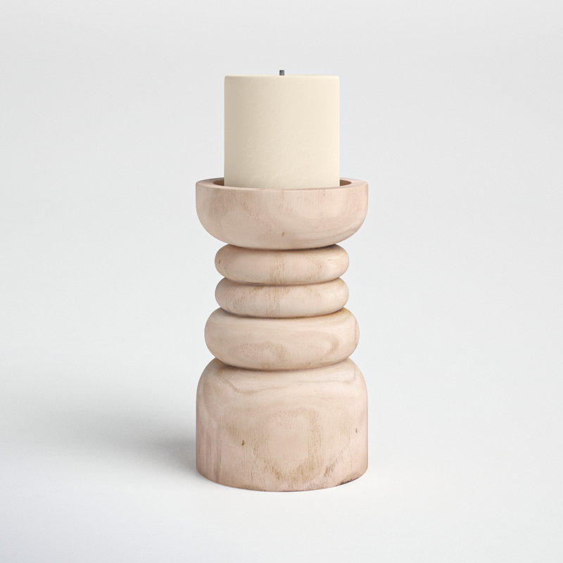 Light Wood Carved Tabletop Pillar Candle Holder