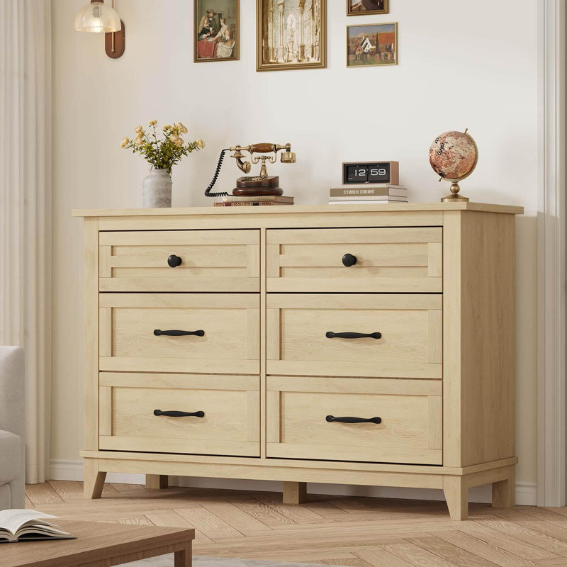 47" Wide 6-Drawer Dresser for Bedroom – Wooden Storage Chest with Adjustable Feet, Modern Farmhouse Organizer for Closet, Living Room, Entryway – Freestanding Bedroom Furniture Set, Wood color