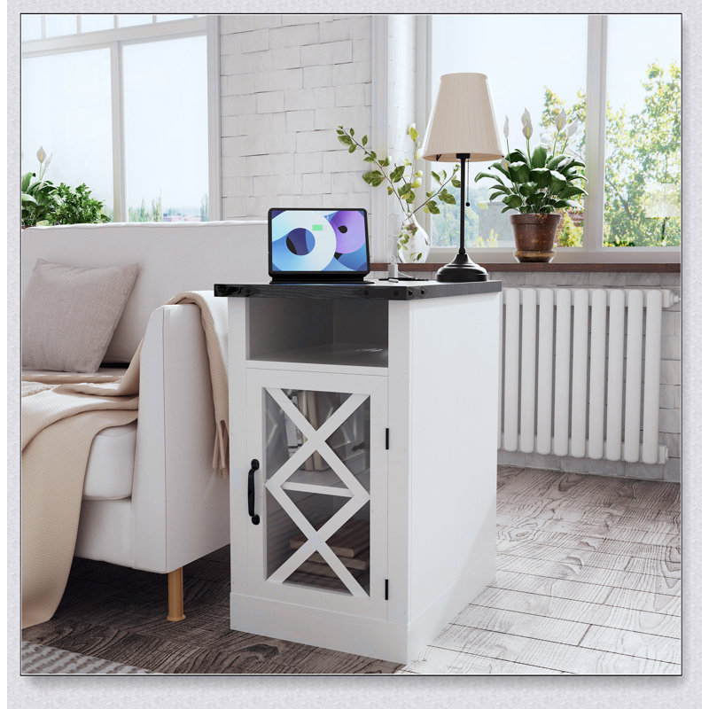 Table de bout Farmhouse avec station de charge, table de chevet rustique avec porte de grange et tablette réglable, table d'appoint en bois pour salon, chambre à coucher