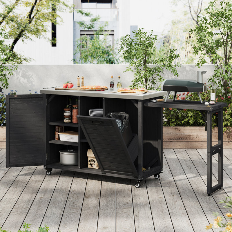 Oversized 78.3" Extendable Outdoor Kitchen Island, Solid Rolling Bar Cart with Stainless Steel Top & Trash Storage for Lawn Garden BBQ