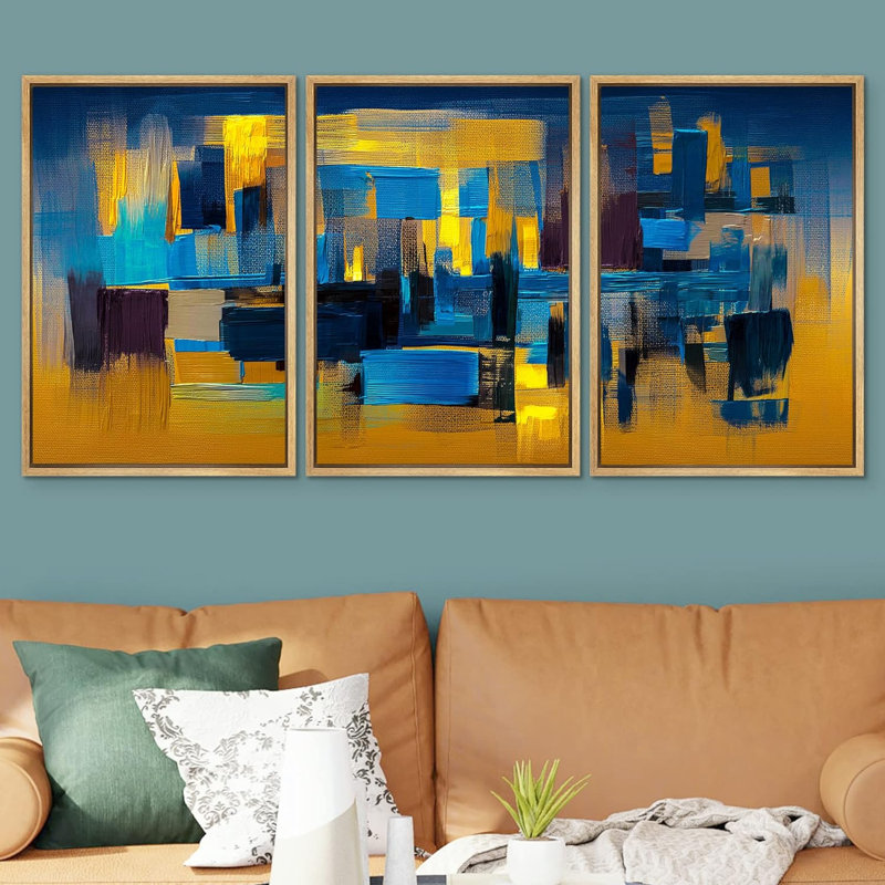 Mid-Century Shape Mid-Century géométrique bleu or paysage, reproduction sur toile 3 pièces, H 36 po x l 72 po x P 1,5 po