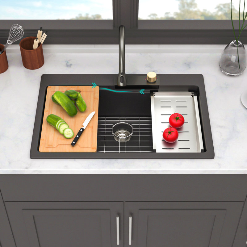 Drop In Waterfall Kitchen Sink - 33"X22" Composite Granite Quartz Single Bowl Workstation Kitchen Sink With Pull-Out Faucet