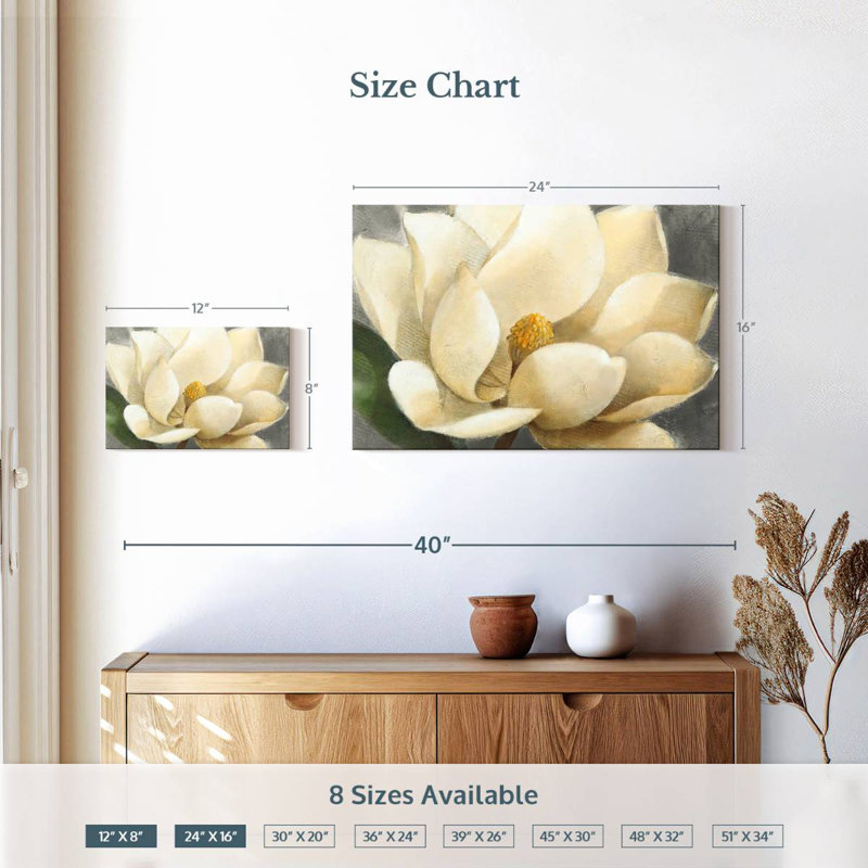 Fleur de magnolia Harnek sur fond gris, H 16 po x l 24 po