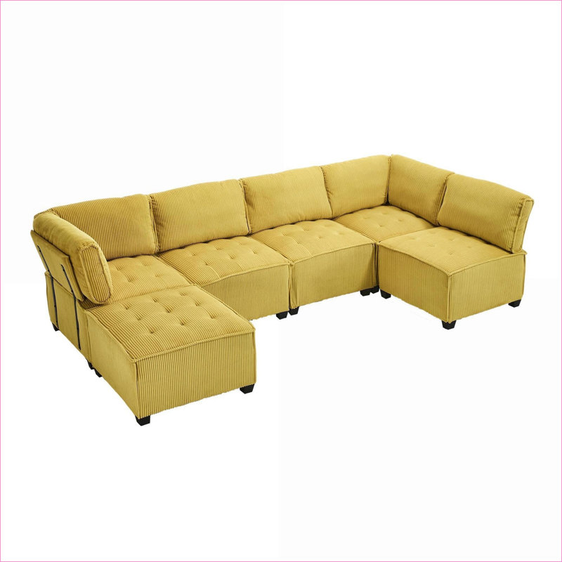 Sectional Sofas | 6-Seat U Shaped Modular Reversible Chaise for Living Room | Mustard Yellow | Corduroy, Yellow Corduroy