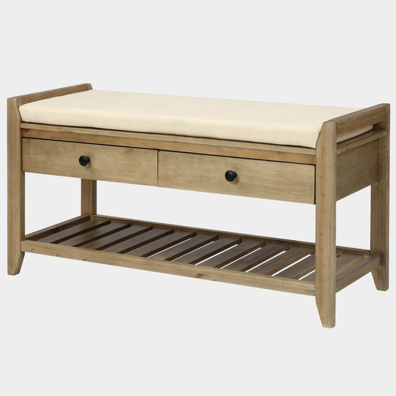 Meirav Shoe Rack with Cushioned Seat and Drawers, Multipurpose Entryway Storage Bench, Grey Wash, Solid Wood