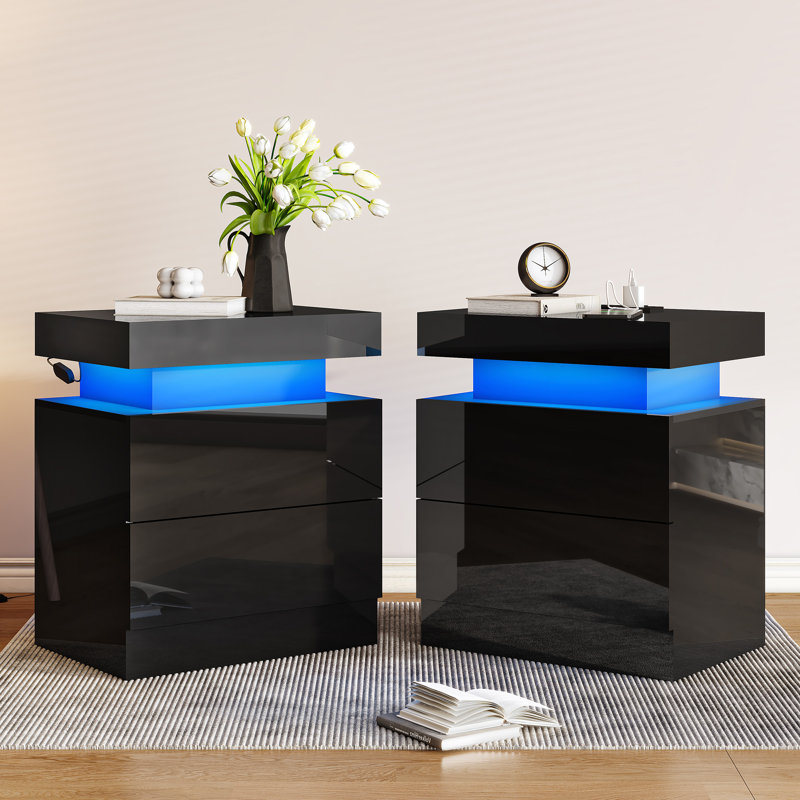 Bhhatu High Gloss Led Nightstand With Charging Station, Black