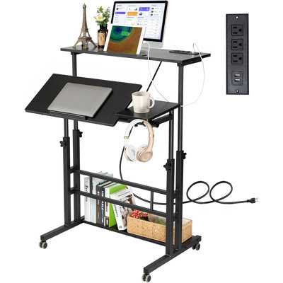 Bureau assis-debout à roulettes réglable, poste de charge, emplacement pour tablette, poste de travail mobile pour ordinateur portable, idéal pour le bureau à domicile, les études ou le dessin.