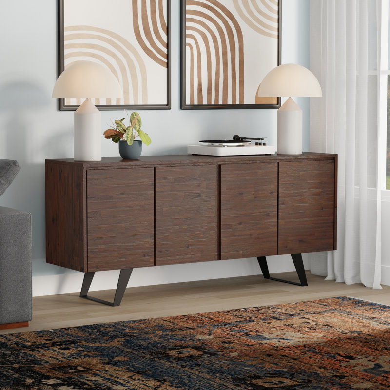 Lowry 66"W Solid Acacia Wood Modern Industrial 4-Door Sideboard Buffet with Adjustable Shelves and Metal Base