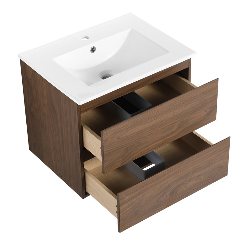 Meuble-lavabo moderne avec lavabo en céramique et 2 tiroirs à fermeture légère 24 po. Tiroirs souples, mise à niveau. Design, contreplaqué