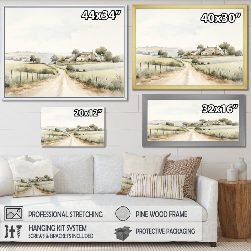 Paysage campagne minimaliste IV - décoration murale campagne, H 16 po x l 32 po, Toile tendue