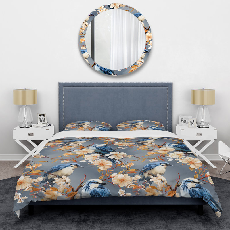 White And Blue Bird Floral Serenade I Floral Duvet Cover, Twin Duvet Cover + 1 Standard Sham