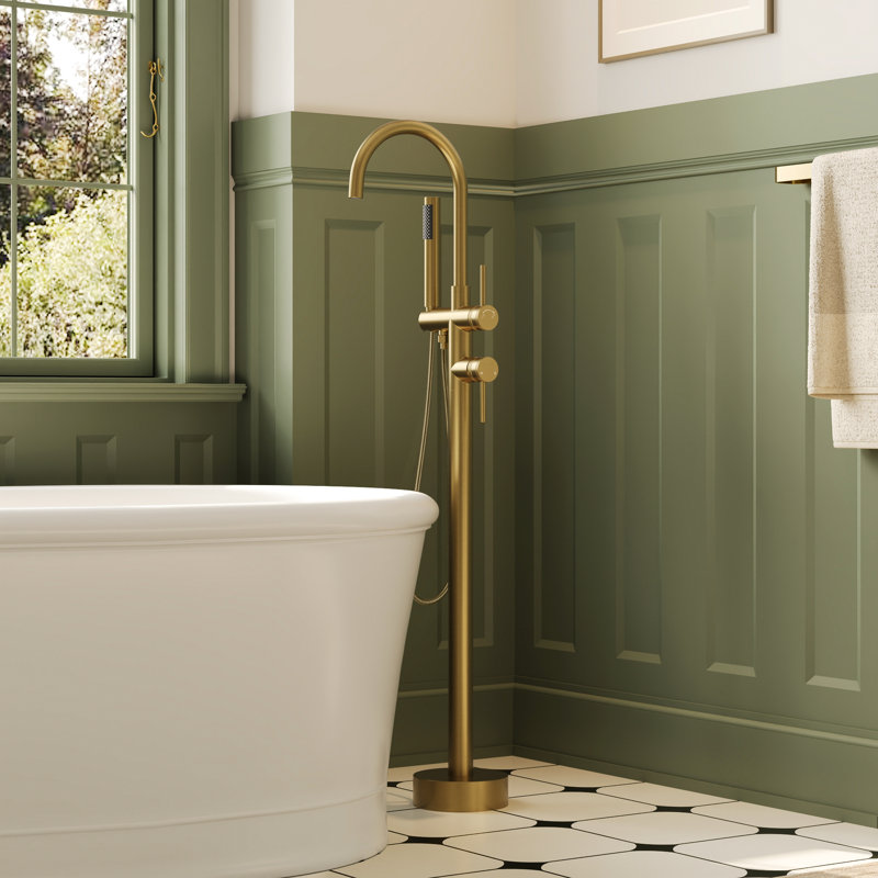 2-Handle Freestanding Bathtub Faucet Floor Mount Tub Filler, Brushed Gold