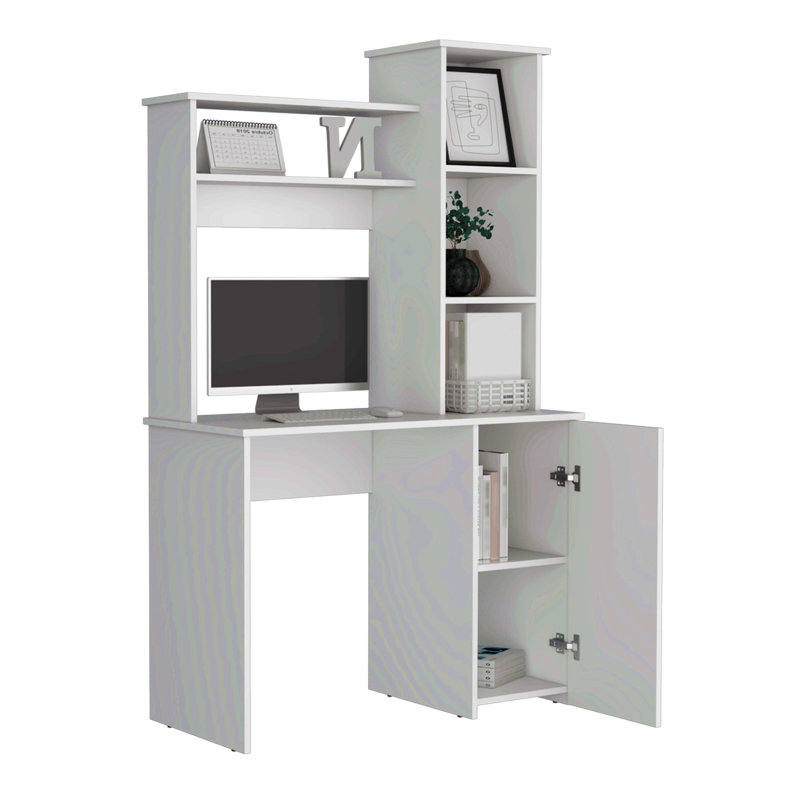 Bureau d'ordinateur avec huche, armoire à une porte, grande surface de travail et tablettes de rangement à 3 niveaux, Blanc