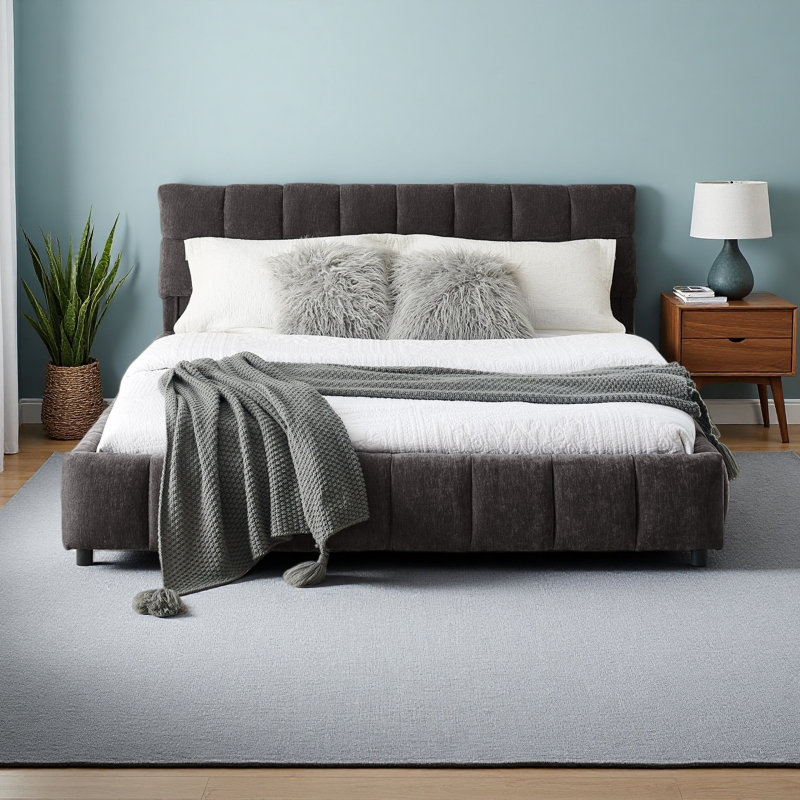 Grand lit tapissier, cadre de lit rembourré confortable, tissu chenille, avec tête de lit et cadre de lit solide. Avec tiroir pour le rangement