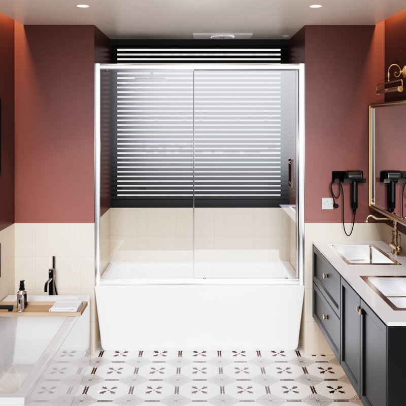 Single Sliding Shower Door For Bathtub, 60 In W X 62 H, Clear Tempered Glass, Aluminum Frame, Zinc Alloy Rollers, And Smooth, Waterproof Aesthetics H 1/5 Inch Thick Stainless Steel Handle, Adjustable